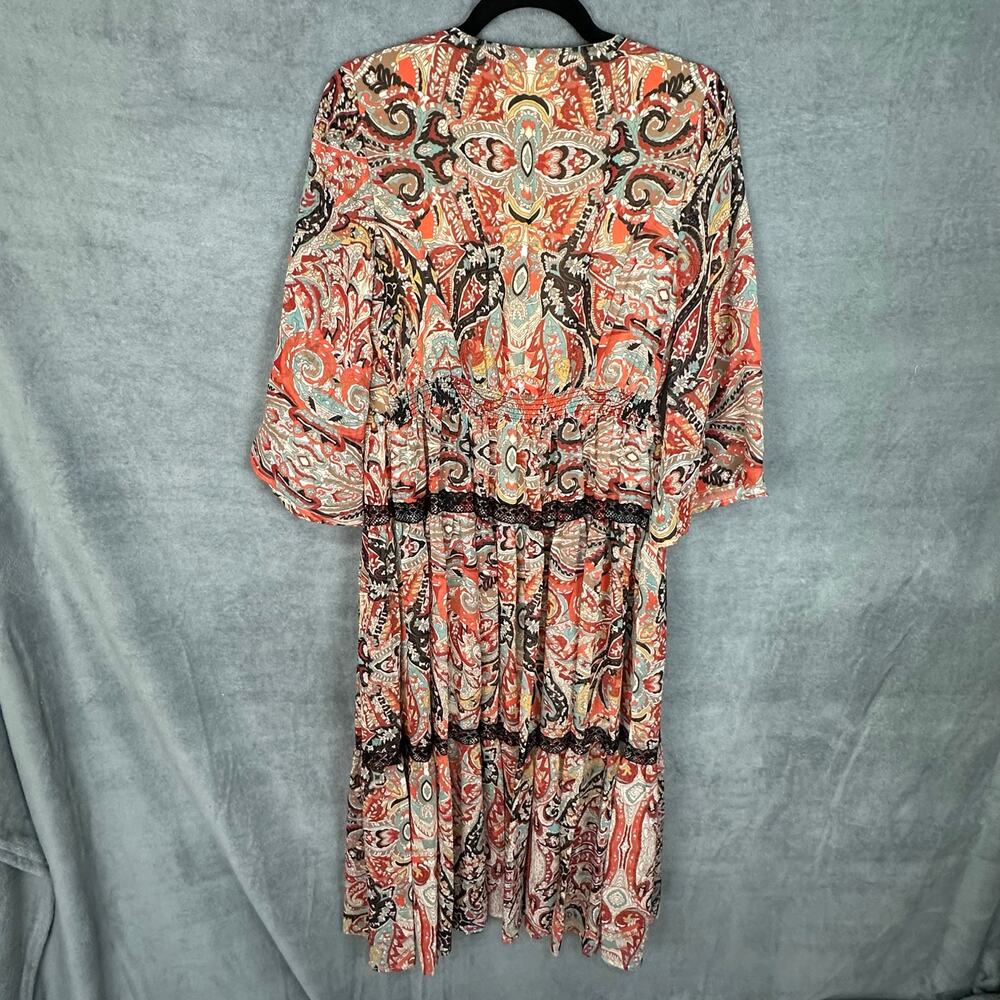 Reba Dress Womens Small Brown Paisley Maxi Tiered Bell Sleeve Boho Hippie Beach - Picture 7 of 14